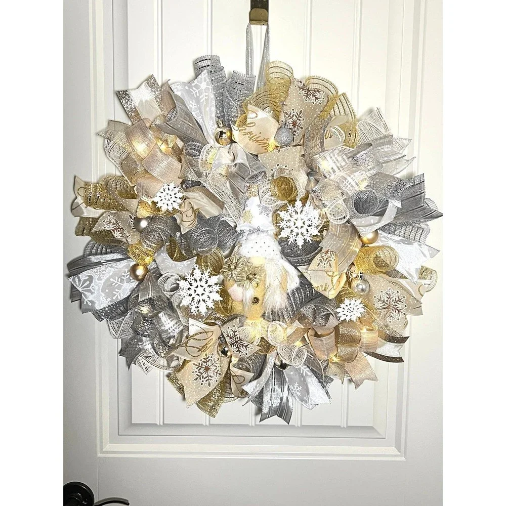 Handmade Christmas Gnome Holiday Ribbon Door Wreath 22 ins W62